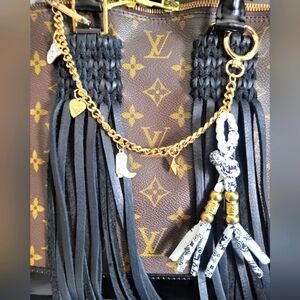 Bag Charm with Black & White Fringe and Gold Chain Western Purse Jewelry